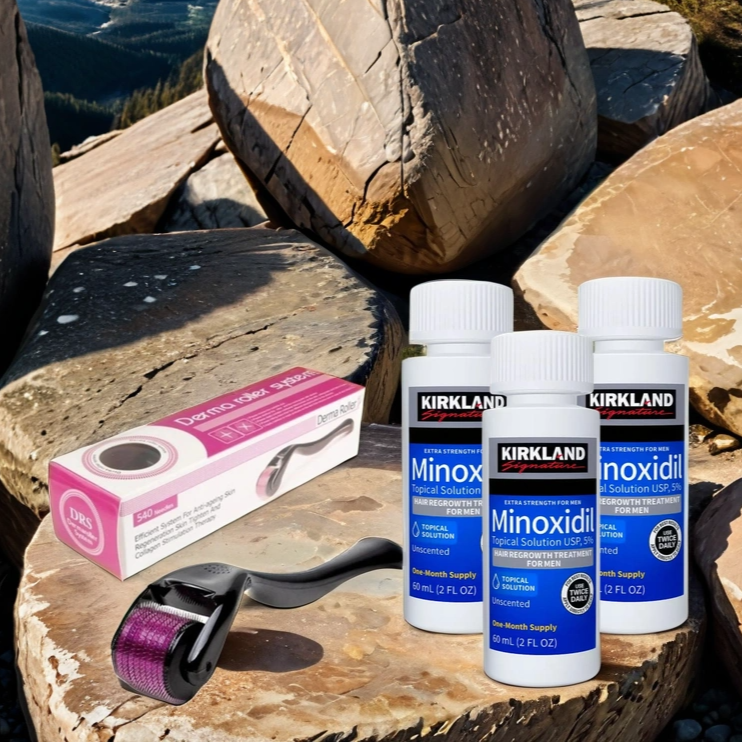 Kit: 3un. Minoxidil Kirkland + 1un. Dermaroller